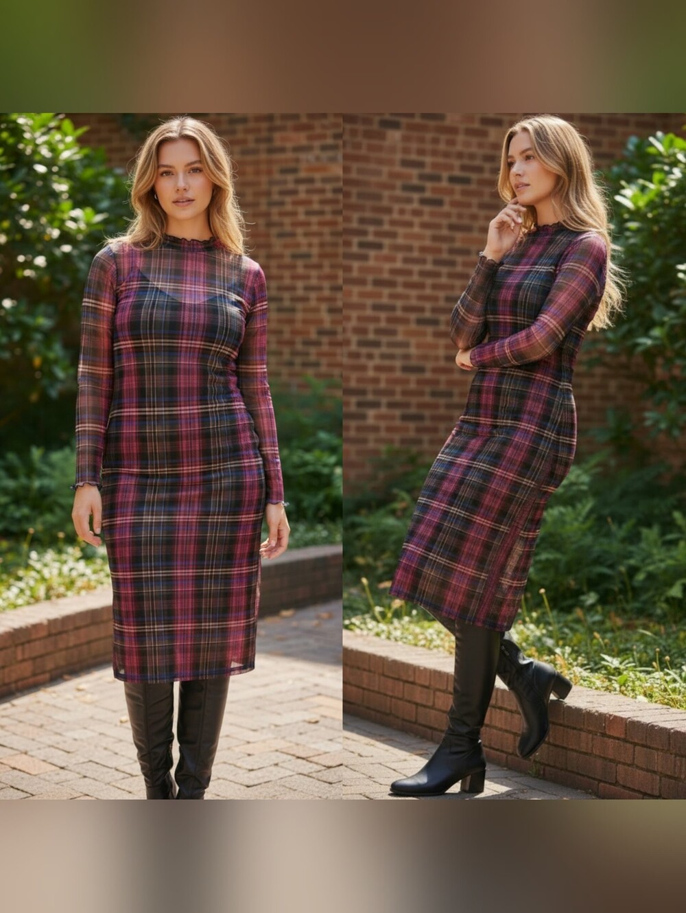 NWT Torrid 4X plaid mesh bodycon dress long sleeves mock neck sheer stretch